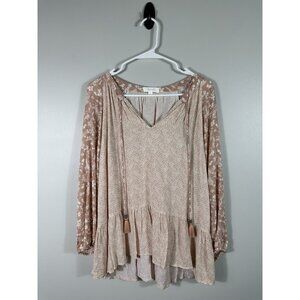 Be Cool Top Womens‎ Large Cream Pink Floral Geometric Rayon Boho
